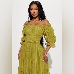 Fashion Nova Off-Shoulder Maxi Dress in Olive Green